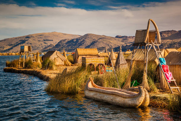 The floating reed islands of Los Uros on Lake Titicaca in the Puno region of Peru