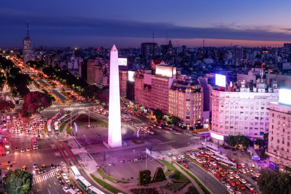 Aerial view of Buenos Aires at night with obelisk and 9 de julio avenue - Buenos Aires, Argentina