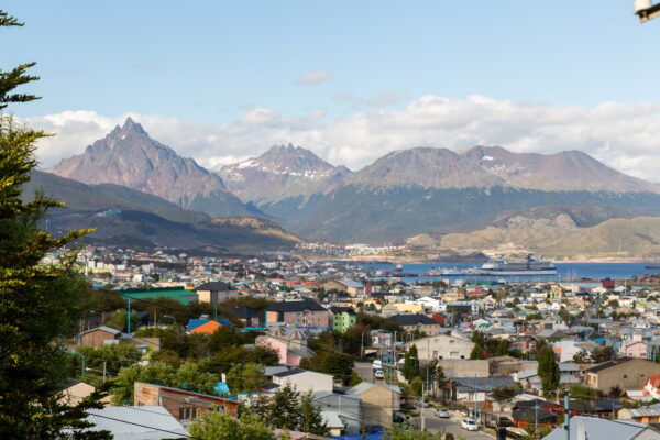 A view from panorama to the harbor and mountains of Ushuaia city